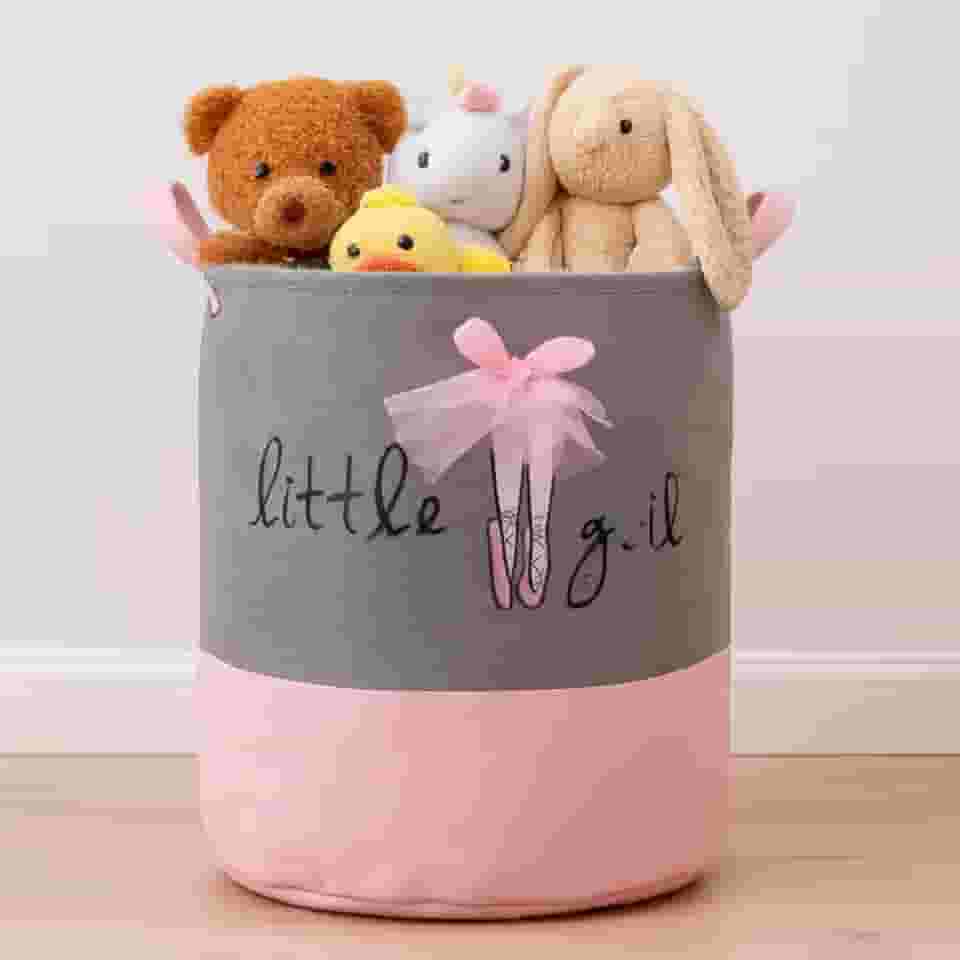 Cesto Organizador Infantil Dobrável de Roupas e Brinquedos para Menina, Rosa e Cinza, estampa Bailarina, 45x35cm.