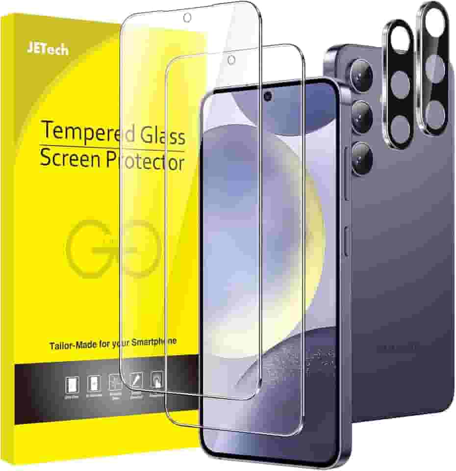 JETech Película de Vidro Temperado para Samsung Galaxy S24+ / S24 Plus com Protetor Lente Câmera, Protetor de Tela, Compatível com ID de Impressão Digital, HD Transparente, 2 Pacotes Cada