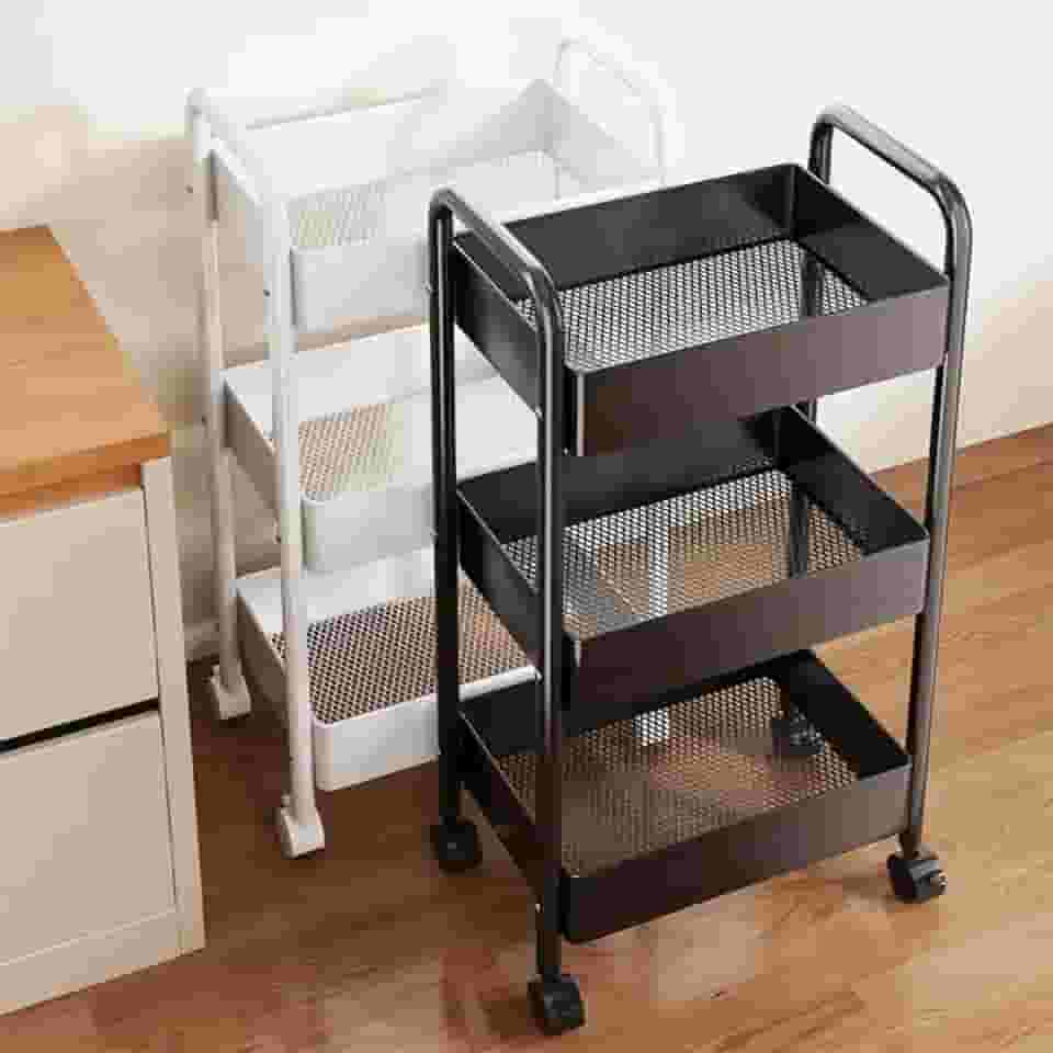 Carrinho Organizador Multiuso com Rodízios, Aço Inoxidável, 3 Prateleiras, Design Universal com Rotação 360°, Suporta 120kg, para Cozinha e Banheiro (Preto)