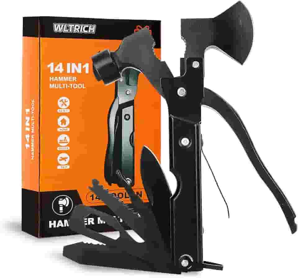 Multiferramenta de martelo 14 em 1 com machado, essenciais de acampamento, presentes para homens, presentes de elefante branco para adultos, presentes masculinos para Natal, ferramentas para homens, presentes para pais para homens que têm tudo