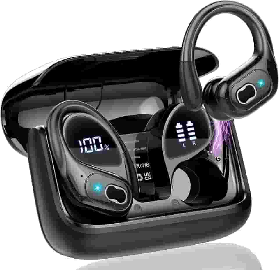 Fones de ouvido esportivos sem fio, 75H Bluetooth 5.3 HiFi Stereo Headphones com microfone HD, cancelamento de ruído ENC, tela dupla de LED, fones de ouvido sem fio à prova d'água IPX7 para corrida