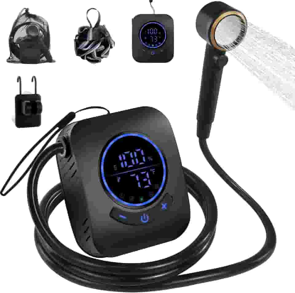 Brarvagur Chuveiro portátil para acampamento – Bomba de chuveiro recarregável de 8000 mAh ao ar livre com 5 modos de pressão, display LED, à prova d'água IPX8, design leve para caminhadas, viagens,