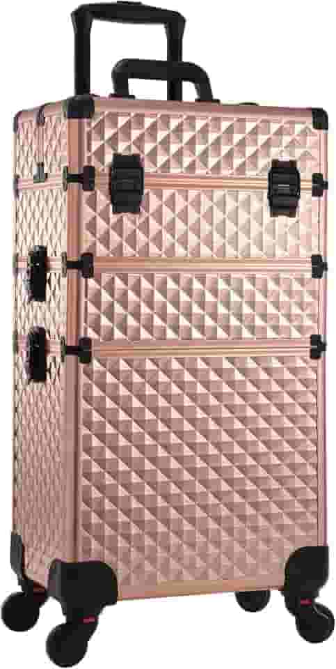 Adazzo 3 em 1 Professional Rolling Makeup Train Case de alumínio com rodas de rotação de 360° para Makuep Artist Organizador de mala de cosméticos com cadeado e chave padrão de diamante, Ouro rosa, Estojo de maquiagem com rodinhas