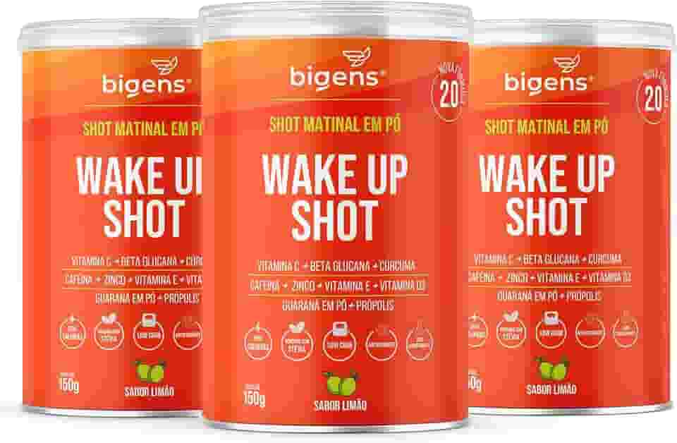 Wake up shot, vitamina c, própolis, gengibre, cúrcuma, guarana e zinco, Sabor Limão, 150g, Bigens (Kit 3)