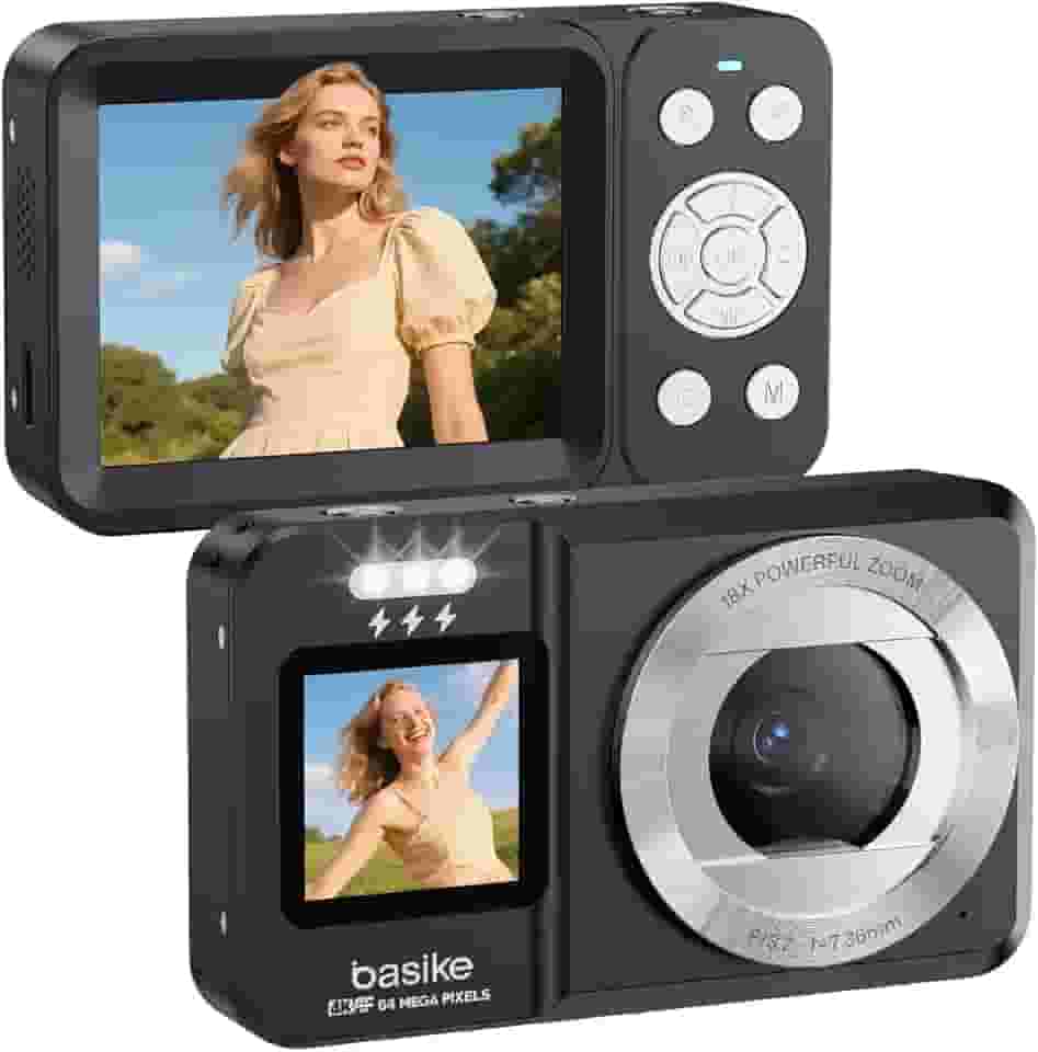 Basike Câmera Fotográfica Digital 4K UHD 64MP, Zoom 18X, Tela Dupla com Flash, Foco Automático e Função Webcam, para Iniciantes, Jovens e Viagens, Compacta, Criativa e Portátil – Preto