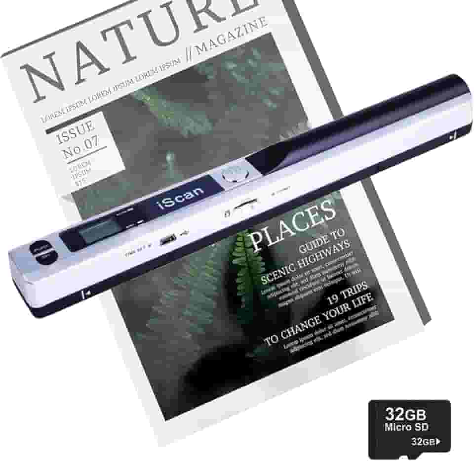 Scanner portátil com cartão SD 32G, formato JPG 900DPI PDF scanner portátil portátil, bateria AA (não incluída) scanner de documentos A4 colorido de transferência USB para livros de recibos de