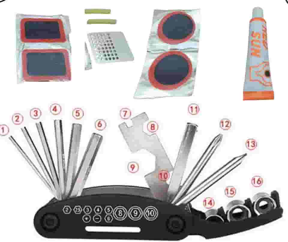 Kit Chave Multifuncional para Bike 16 Peças + Kit Remendo Completo Reparos Manutenção de Bicicleta Kit Ferramentas para Bicicleta Portátil Kit Chave Allen, Philips, Boca e Soquetes - Luiggi Presentes®