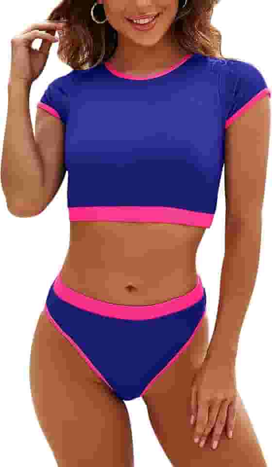 Conjunto de biquíni de duas peças com controle de barriga para mulheres, roupa de banho modesta, gola alta, roupa de banho para adolescentes