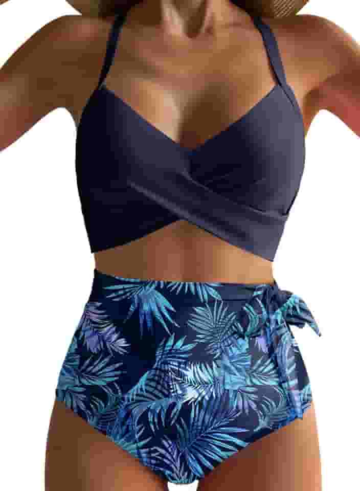 Conjunto de biquíni feminino de cintura alta, duas peças, roupa de banho com controle de barriga