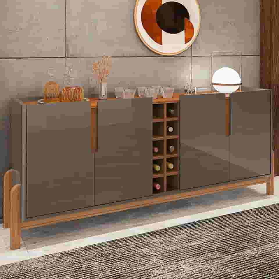 Aparador Buffet Sala Lizz 190cm com Pés de Madeira Maciça Cinza Perola/cedro