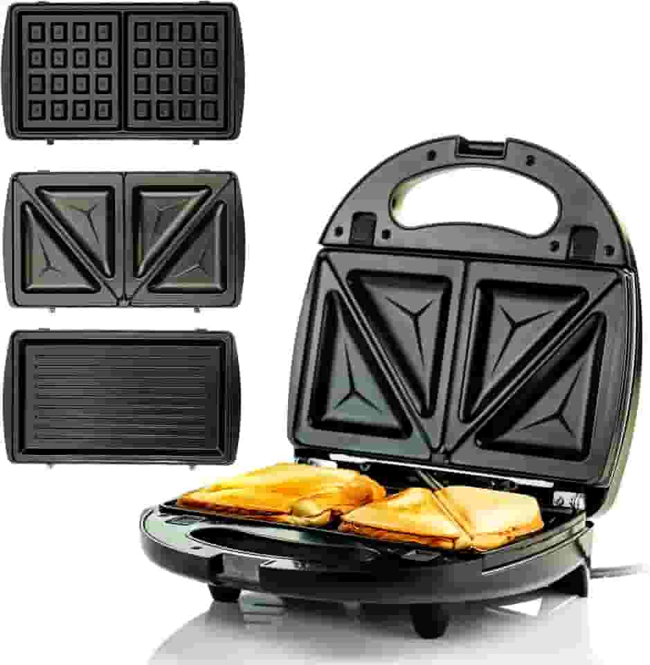 OVENTE Sanduicheira elétrica 3 em 1, grelha de prensa Panini e conjunto de ferro de waffle com pratos antiaderentes removíveis, perfeita para cozinhar queijo grelhado, atum derretido, hambúrgueres, bifes e lanches, preto GPI302B