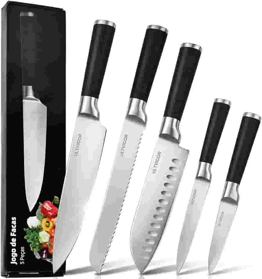 Jogo de Facas de Cozinha 5 Peças em Aço Inoxidável 4CR13 para Uso Doméstico, Kit Profissional com Faca Chef e Santoku, Cabos Antiderrapantes, Lâminas Ultra Afiadas – Preto