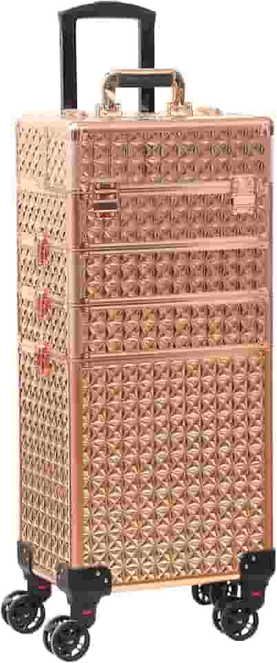 Estojo de trem com rodinhas 4 em 1 portátil para maquiagem organizador de cosméticos profissional estojo de viagem Trolley Cart Trunk, Ouro rosa, Central Hardside Mala expansível com rodas giratórias