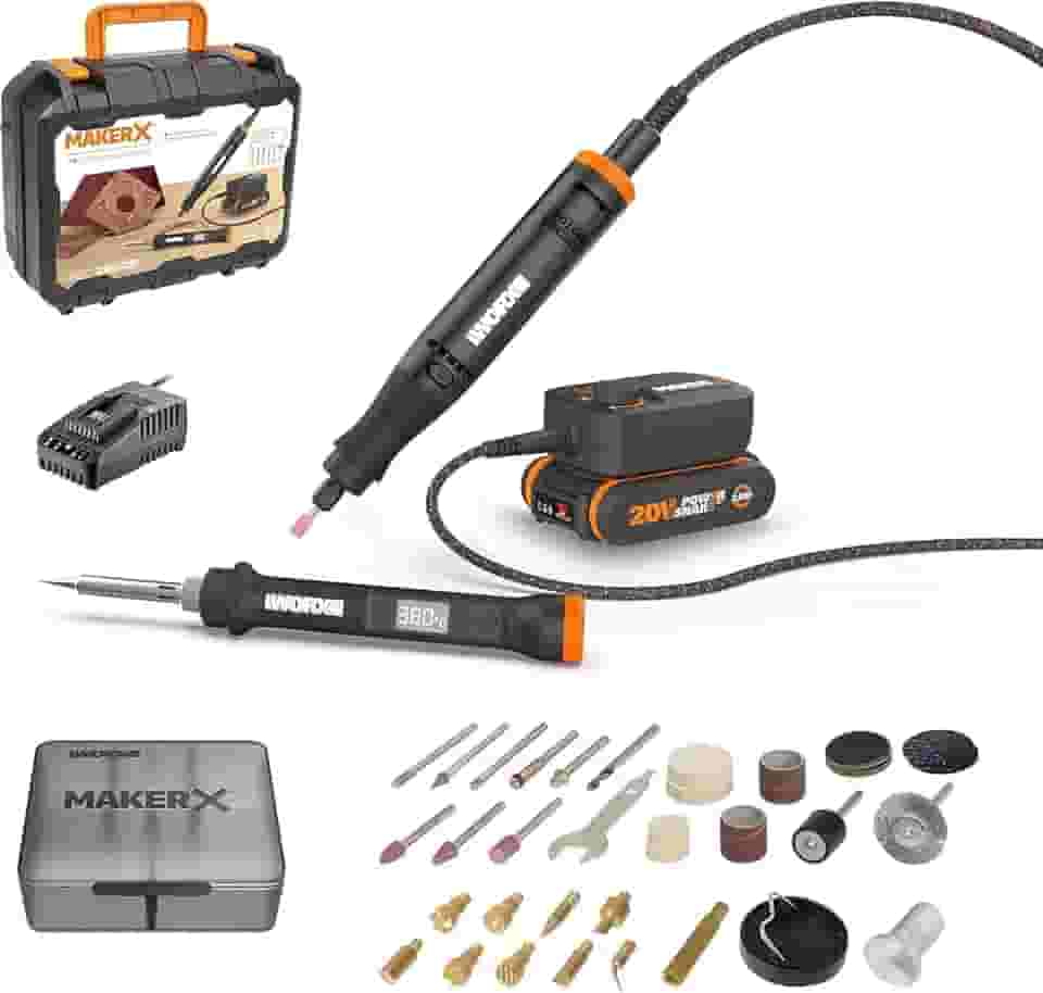 Kit Maker X Worx WX988 – Micro Retífica 20V + Ferro de Soldar com Display Digital, Motor Brushless, 35.000 rpm, 480°C, Bateria, Carregador, HUB e Maleta Completa