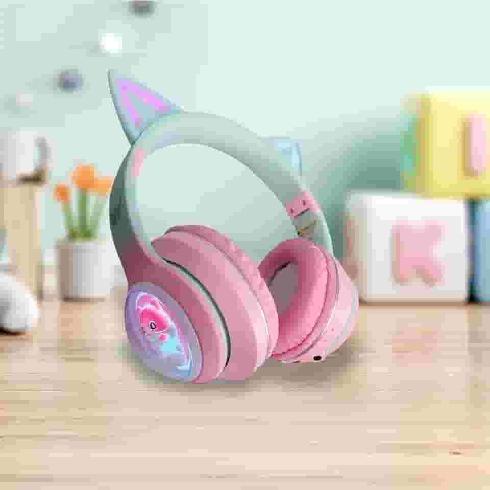 Fone De Ouvido Gatinho Bluetooth Led Orelha Gato Iuz Tiktok (Rosa)