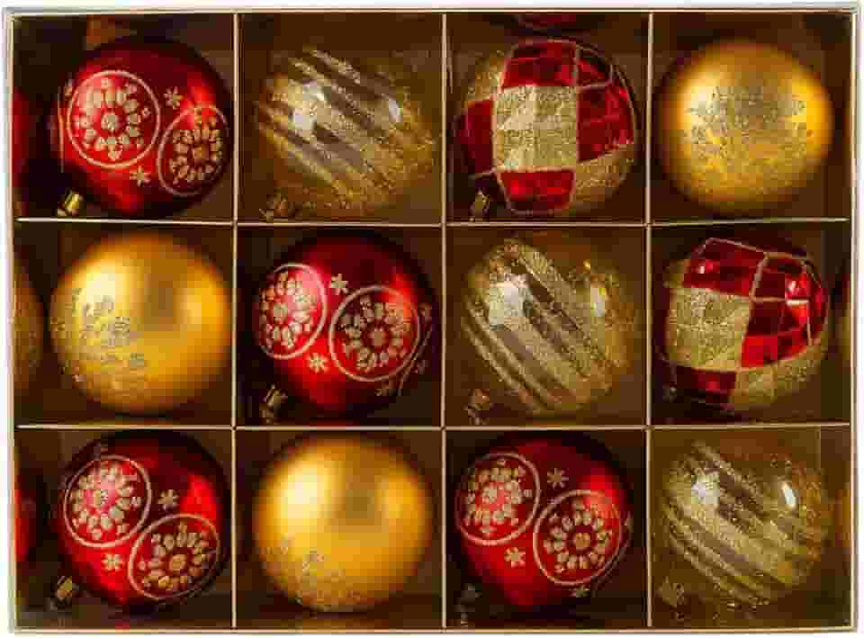 12 Bolas de Natal Decoração Árvore Premium Luxo Feitos a mão (Vermelha e Dourada)