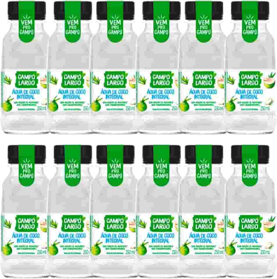 Kit 12x Água De Coco Integral Campo Largo Garrafa 250 Ml Natural Sem Conservante Fardo