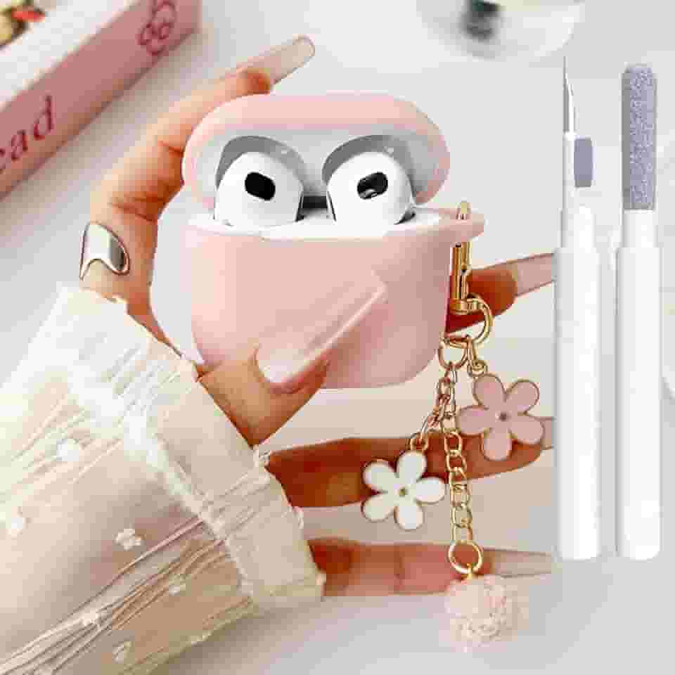 OTOPO Capa Rosa para AirPods 3ª Geração, Capinha Protetora de Silicone Macio com Suporte para Carregamento com Fio/Sem Fio, Kit de Limpeza e Chaveiro Floral, Ideal para Uso Pessoal