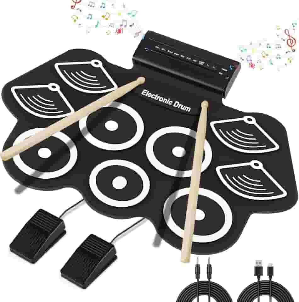 Bateria Eletrônica Instrumento Musical Portátil de Silicone Preto com 9 Pads, Pedais, Baquetas, MIDI Ideal para Crianças, iniciantes, Músicos, Prática Musical em Casa
