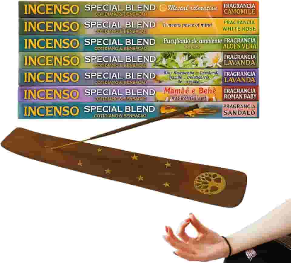 Kit Completo de Incensos Especiais com Porta Incenso – Aromas Relaxantes e Energizantes 10 Caixas com 8 Varetas cada.