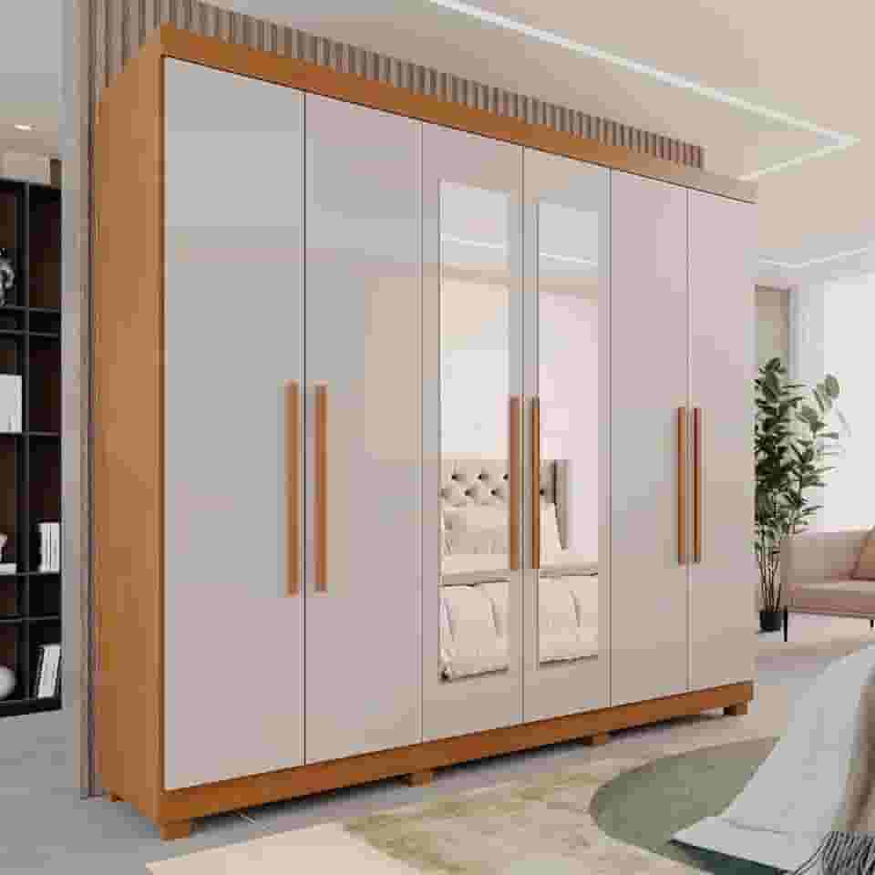 Guarda-roupa Casal 6 Portas 3 Gavetas com Espelho com Pés Roma Espresso Móveis Cinamomo/Off White
