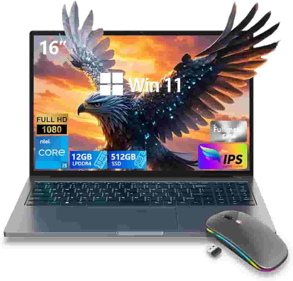 ZOLWAYTAC Laptop para jogos de 16 polegadas ultrafino Intel Core i5 (até 3,5 GHz), DDR4 de 12 GB + SSD de 512 GB, tela IPS 16:10 1920 x 1200, Wi-Fi e BT, HDMI/Tipo-C, laptop de alumínio para trabalhar
