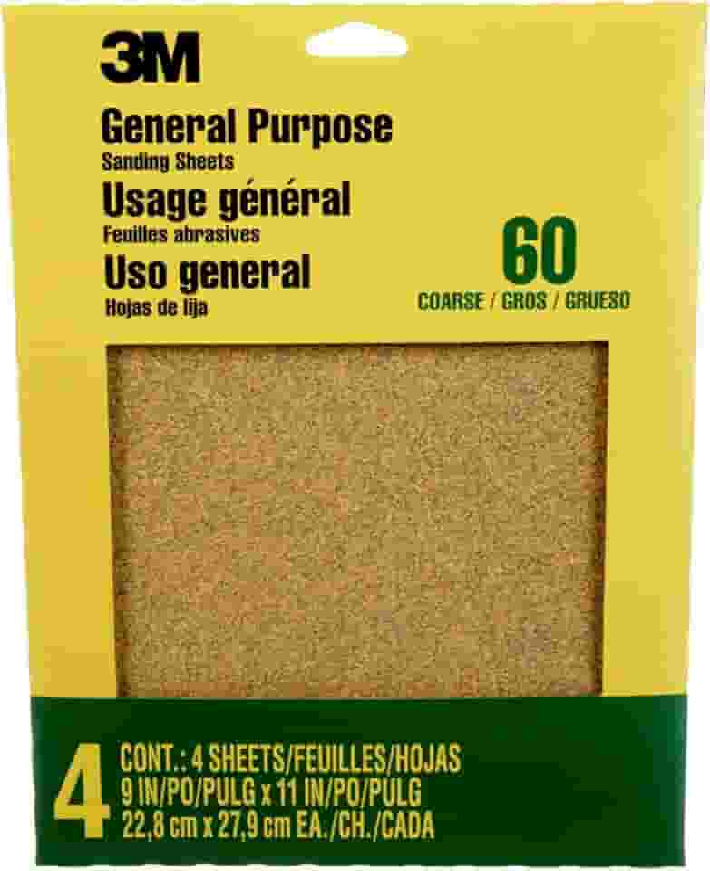 3M Lixa, grão 60, 4 folhas, 23 x 28 cm, tinta de areia, madeira e metal, ótimo para lixamento de uso geral, papel de areia de óxido de alumínio grosso (9003NA-20)