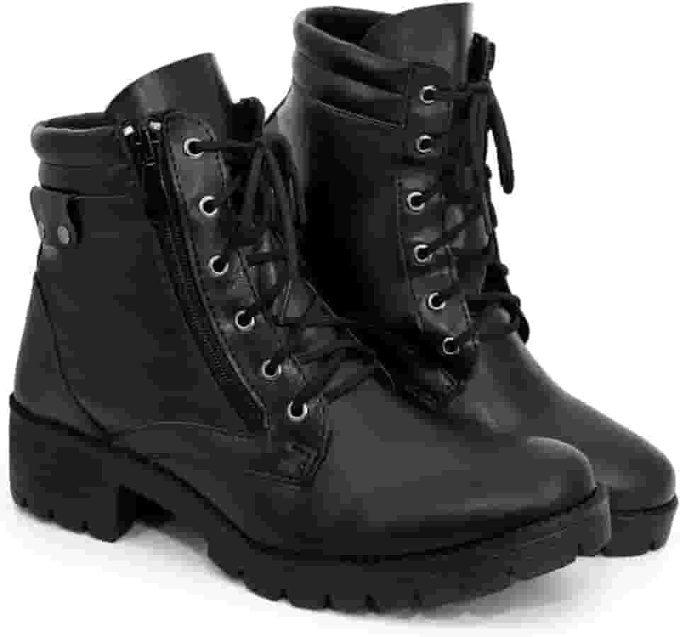 Bota Coturno Feminino Militar Cano Medio Semi Impermeavel com Ziper Lateral Cadarco Ajustavel e Solado Antiderrapante para Uso Urbano e Trabalho