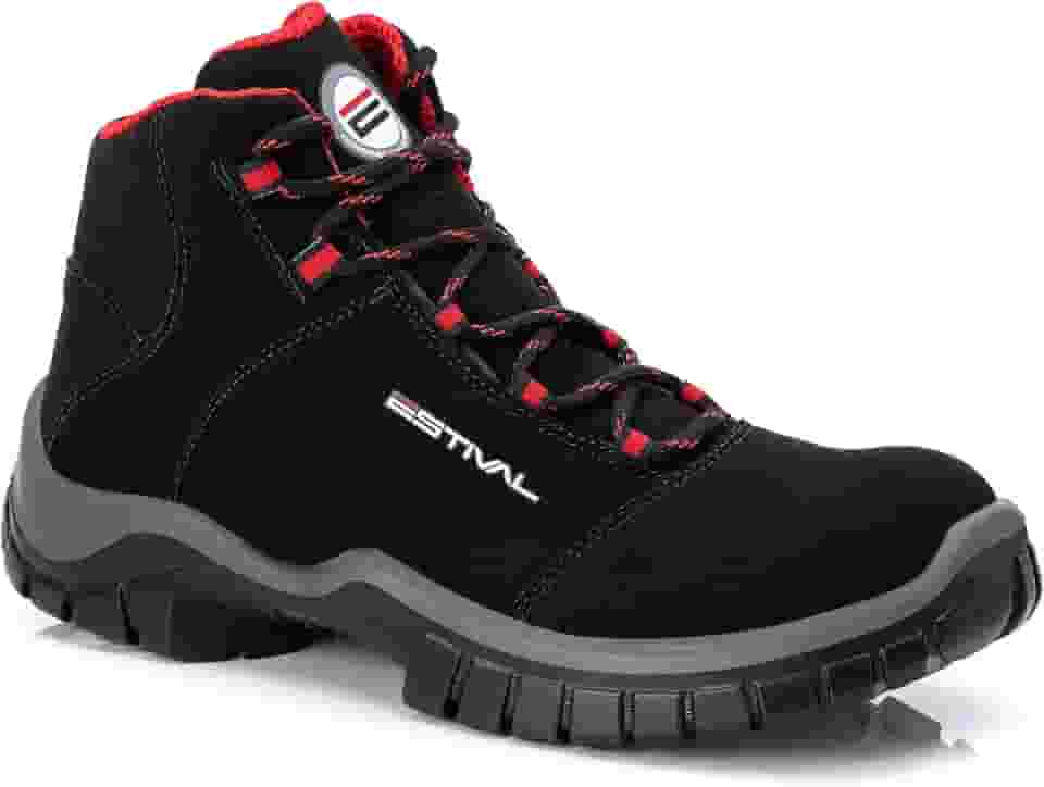 Estival EN1007 Bota De Segurança Masculina Preto E Vermelho Cano Médio, Fechamento Com Cadarço Elástico, Botina Masculina Sola Bi Densidade, Biqueira Composite, Resistente a Água, Bota Masculina Trabalho, Microfibra E Poliuretano