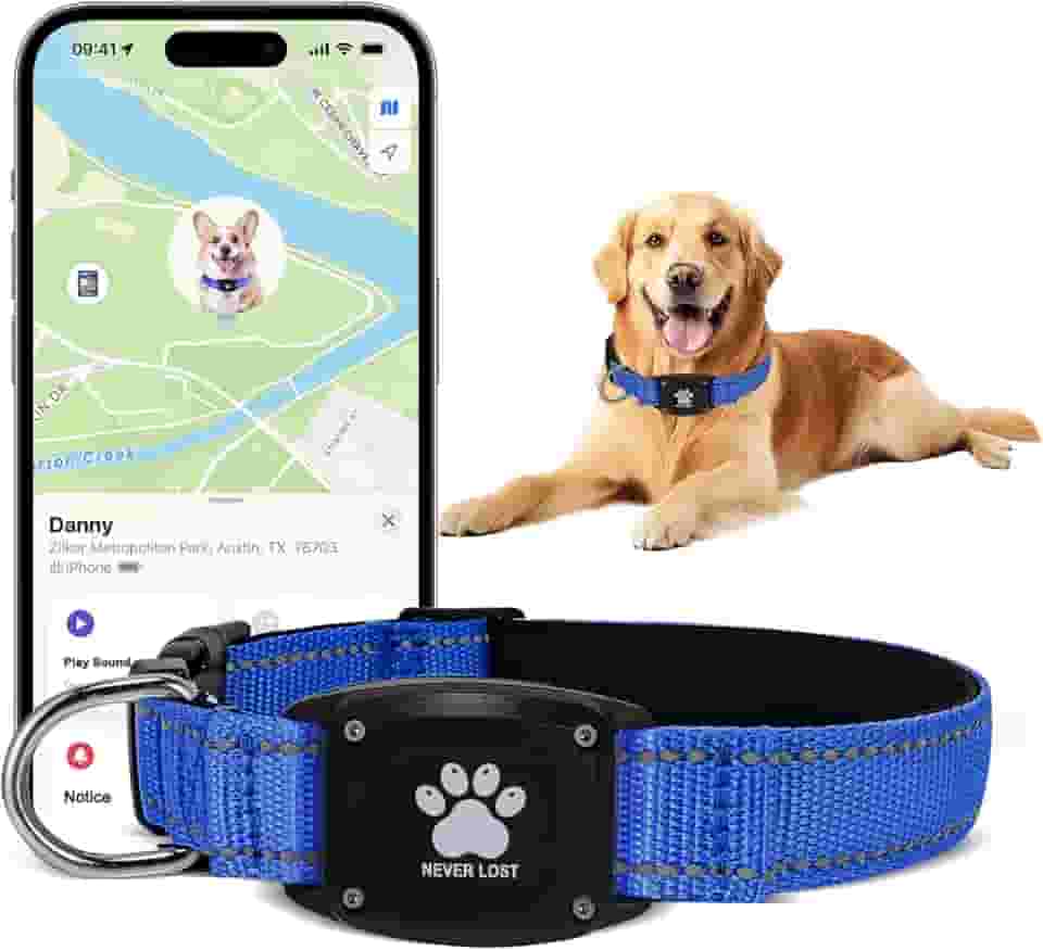 Rastreador GPS 2 em 1 para cães, coleira inteligente refletiva à prova d'água – sem taxas mensais, alcance ilimitado, compatível com Apple Find My (apenas iOS) e ideal para cães pequenos, médios e