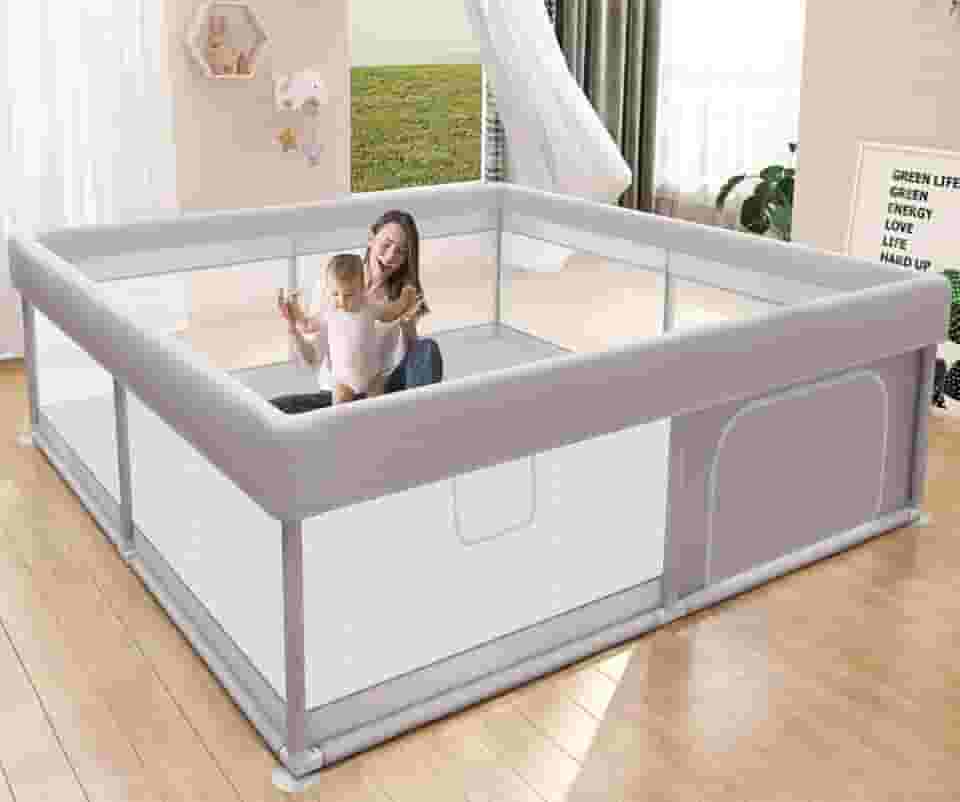 Cercadinho para Bebê 180x150x66 – Cercado Infantil Grande com Porta Zíper, Tela Respirável, Base Antiderrapante, Chiqueirinho Desmontável e Portátil, Centro de Atividades Seguro