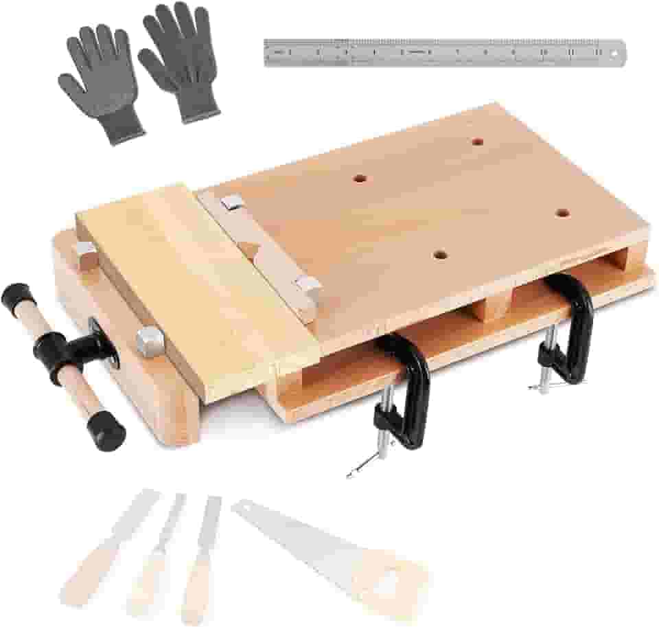 Bancada de trabalho de madeira portátil com régua e 2 braçadeiras, torno de madeira dura para casa e oficinas (50 x 30 cm)