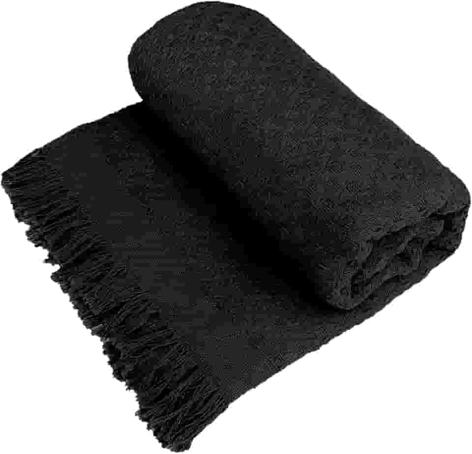 Decolab Manta para Sofá em Algodão com Franjas Artesanais | Cobertor Decorativo para Sofa, Poltrona e Cama | Estilo Boho Chic (Preto)