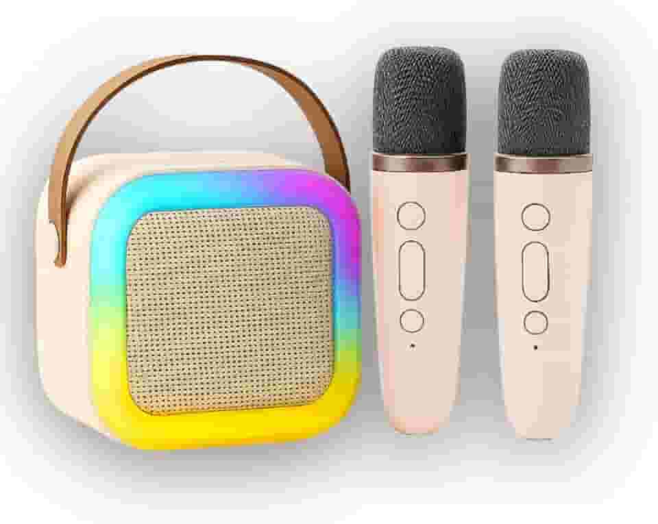 Karaokê Infantil Portátil com LED, Caixa de Som Bluetooth, 2 Microfones Sem Fio, Recarregável, Modos de Voz Divertidos (Bege)
