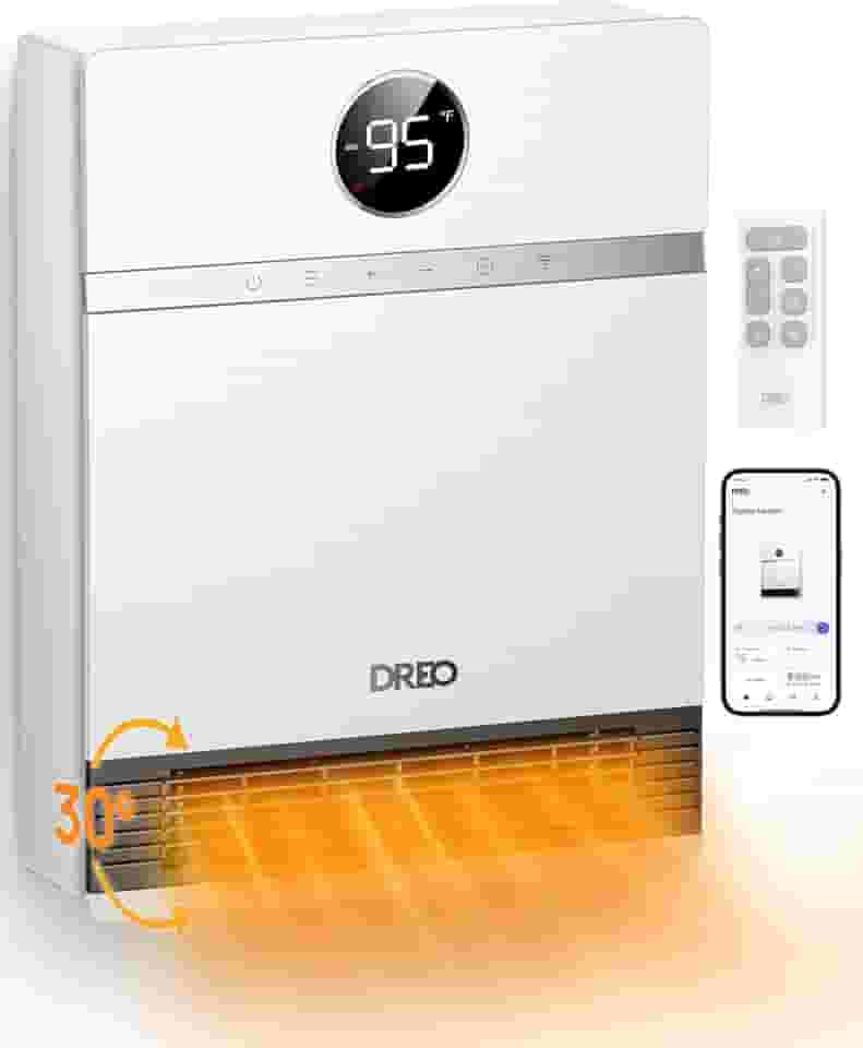 Dreo Smart - Aquecedor de parede IP24 de fácil montagem PTC para uso interno, oscilação de 30°, termostato ajustável, controlo remoto, funciona com Alexa, temporizador de 24 horas, aquecedor
