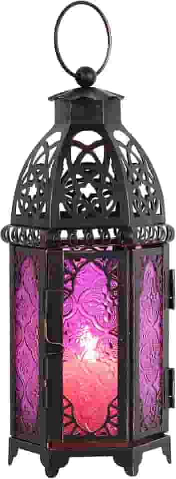 NEEDOMO - Lanterna marroquina pendente de 12,8 polegadas, porta-velas clássico de metal decorativo para interiores e exteriores, mesa, pátio, alpendre, prateleira, decoração gótica da casa (roxo,