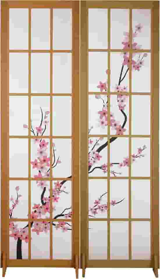Biombo Divisoria MDF Oriental Japonês Divisor Ambiente Cerejeira Reto (2 Folhas)