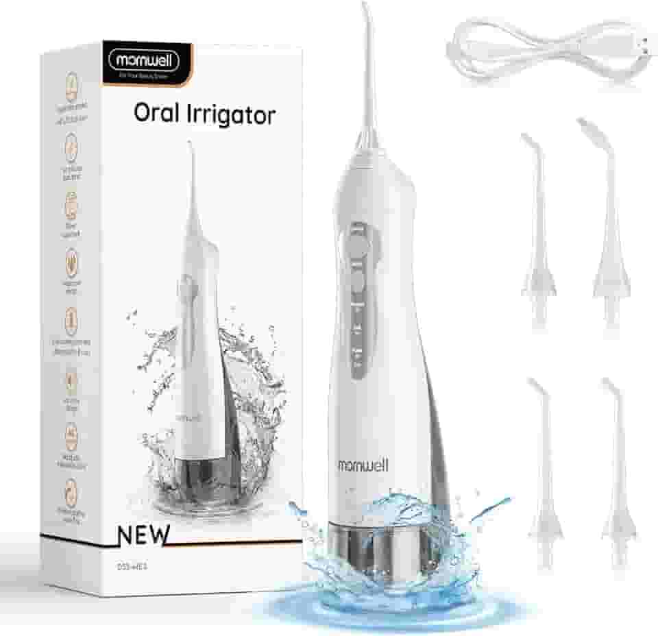 Fio dental sem fio Mornwell para dentes – Tanque de 330 ml e 4 pontas de jato, Irrigador oral dental portátil de 3 modos, cuidados com cintas, irrigador bucal portátil recarregável