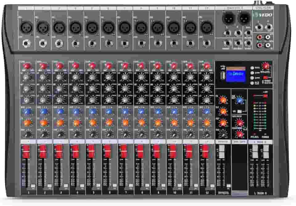 VDA212L Mesa de som 12 canals, Small Stage Bluetooth USB MP3, entrada 48V Phantom Power DJ Audio Network Karaoke Mobile Live High Power Mixer Professional 12 Channel Studio Audio Mixer 110V/220V