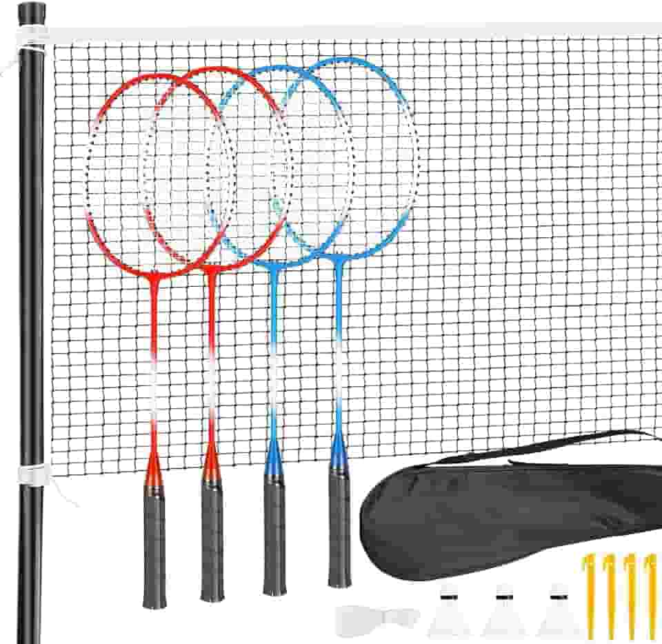 Kit Badminton, Premium Badminton Portátil, 4 Raquetes 3 Petecas de Nylon Rede e Suporte, Raquete Badminton para Diversão em Família, Praia ou Casa