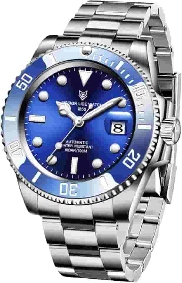 Relógio masculino com relógio mecânico automático de aço inoxidável da LIGE, relógio masculino Mergulhador à prova d 'água 100 m com mostrador de data grande e relógio de pulso luxuoso