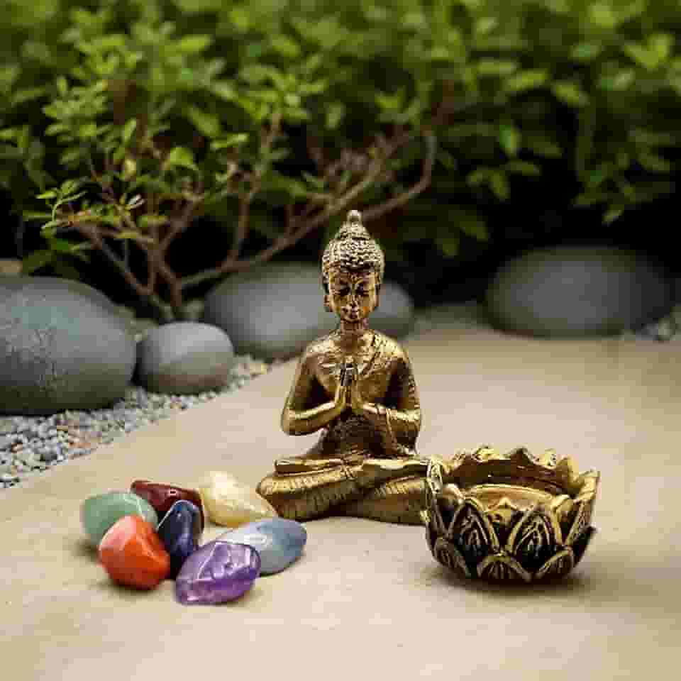 Combo Estátua Buda + incensário Castiçal + Pedras dos 7 Chakras kit promocional