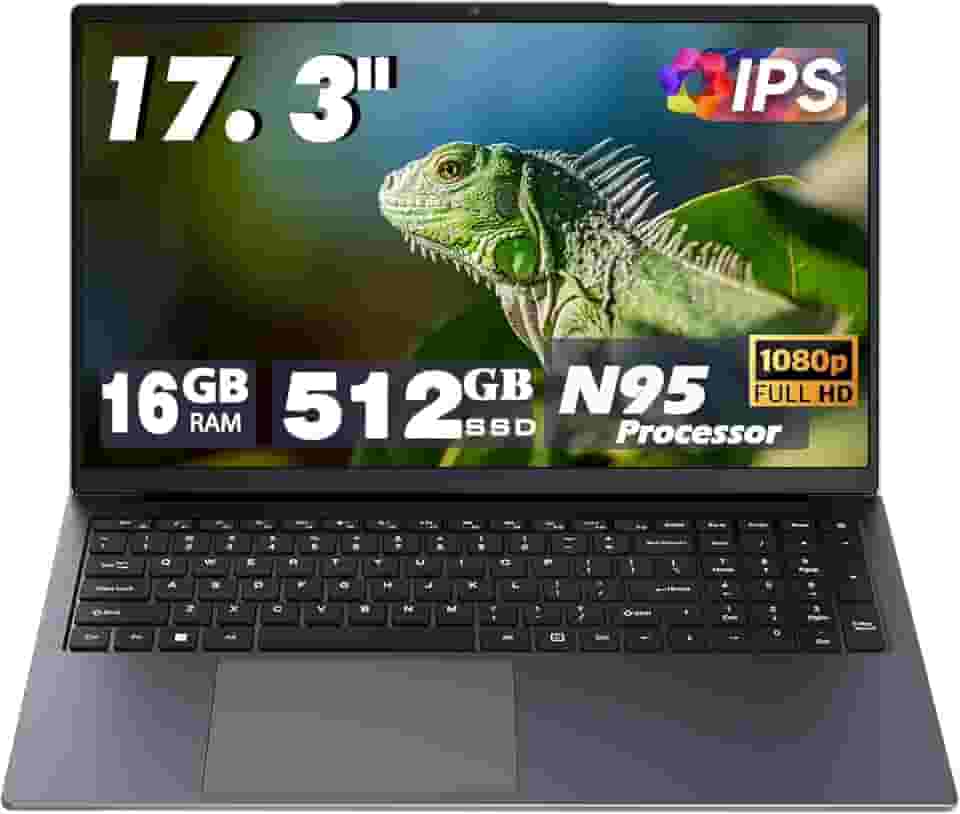 Laptop de 17,3 polegadas, versão para escritório, processador de 12ª geração N95 4C (3,4 GHz), 16G RAM 512G SSD, tela 1080p, bateria 10000mAh, tipo C (dados), WiFi, BT, RJ45, alto-falantes estéreo