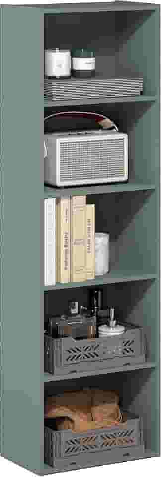 Furinno Prateleira de livros LUDER, estante de livros de 5 camadas, estante, 24 x 40 x 132 cm, para sala de estar, quarto, escritório em casa, verde sálvia