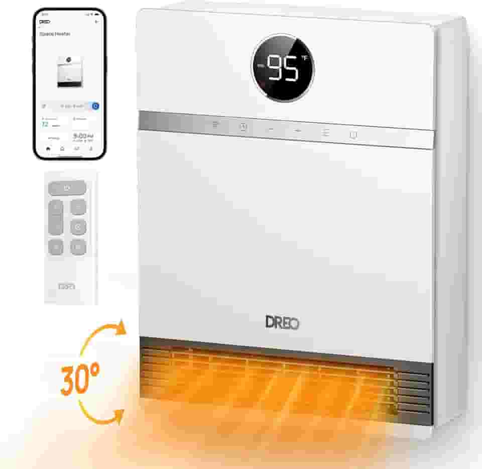 Dreo Aquecedor elétrico inteligente de parede, aquecedores de cerâmica silenciosos de 28 dB para casa, baixa energia, oscilação de 30°, termostato ajustável, temporizador 24H, aquecedor de parede IP24
