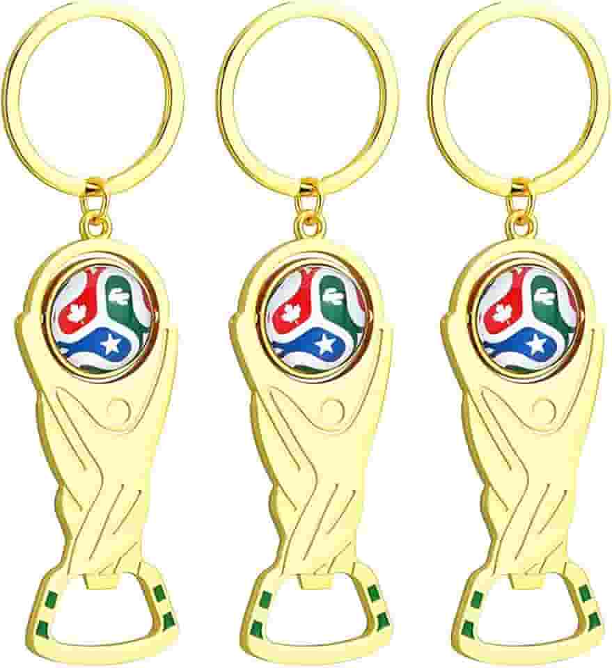 Conjunto de 3 chaves abridor de garrafa de cerveja troféu da Copa do Mundo 2026, bola de futebol rotativa 3D premium liga de zinco abridor de garrafa portátil para lata, refrigerante, ferramenta de