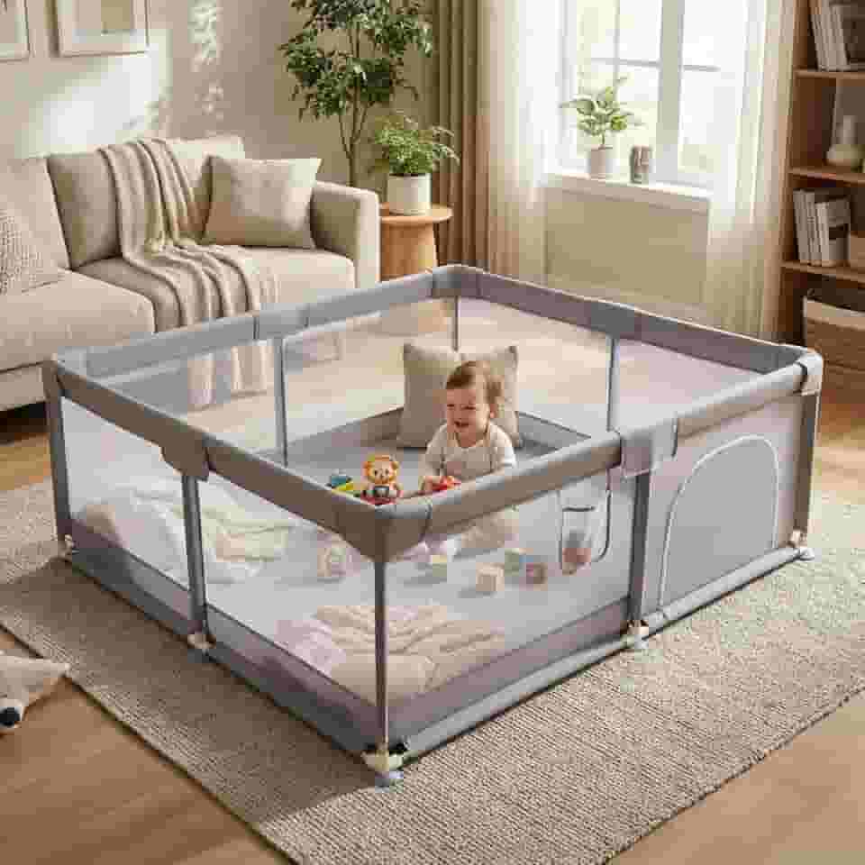 Cercadinho Bebê Grande 180x150 Cinza – Chiqueirinho Infantil Portátil com Tela de Proteção, Estrutura Reforçada e Montagem Fácil para Sala e Quarto (Cinza)