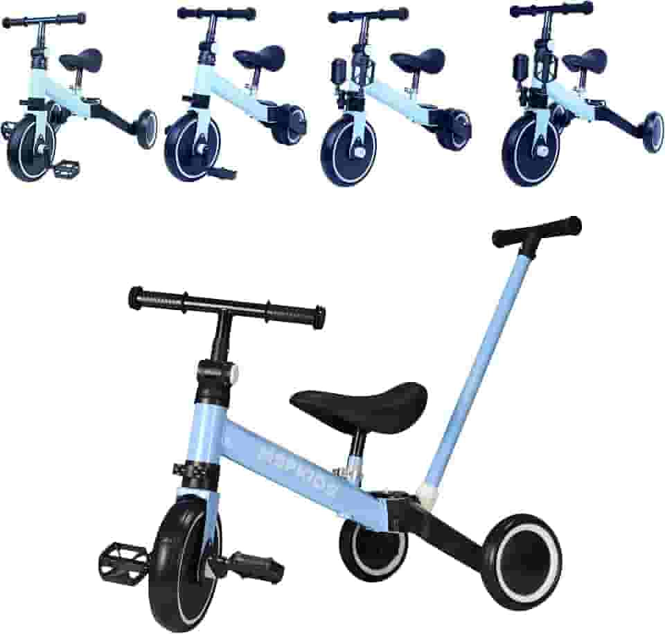 Triciclo Infantil 4 em 1, Bicicleta de Equilíbrio Conversível, Andador com Assento Ajustável, Disponível em Amarelo, Branco e Vermelho (AZUL)