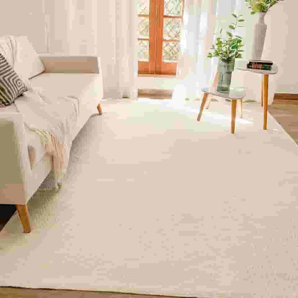 Tapete Grande 2x3m para Sala Quarto Cru e Cinza Neutro 100% Algodão Base Antiderrapante Minimalista Rústico Chic Moderno Sem Pelo Fácil de Limpar Lavável (Cru)