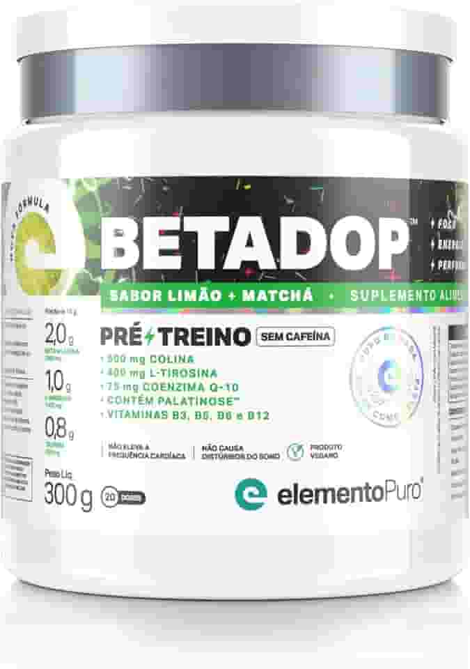 Pré-treino sem Cafeína BETADOP 300g com Vitaminas/Coenzima Q10 Sabor Limão com Matchá elementoPuro